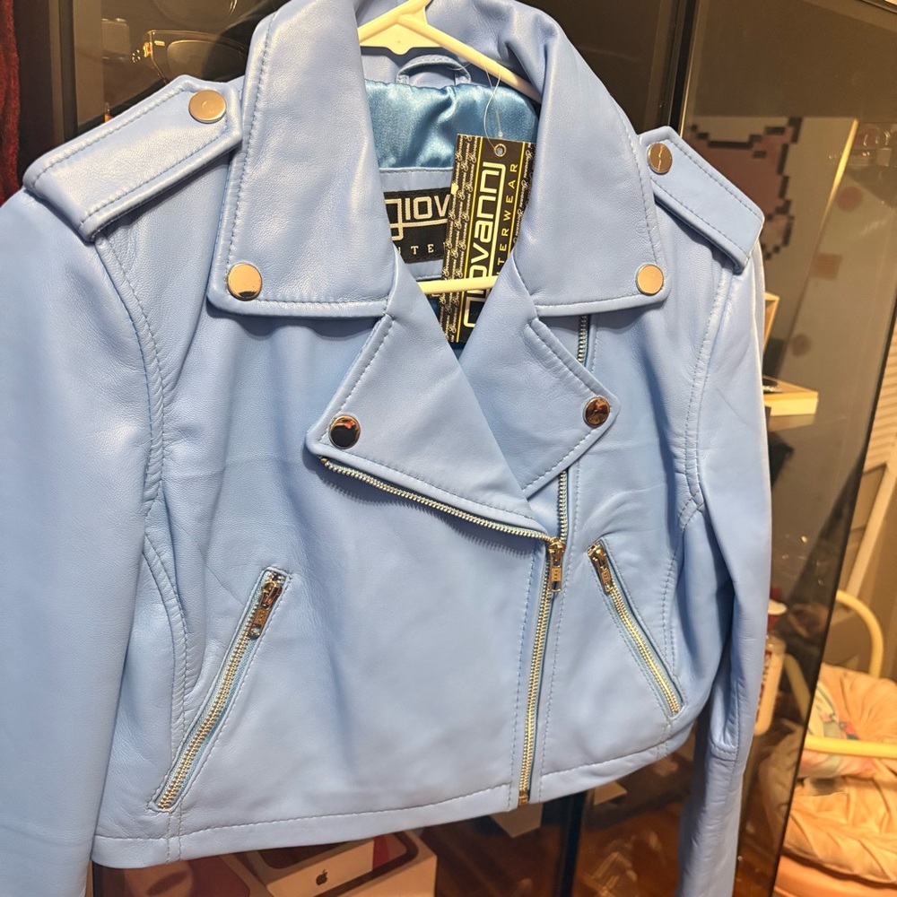 Giovanni Light Blue Faux Leather Jacket